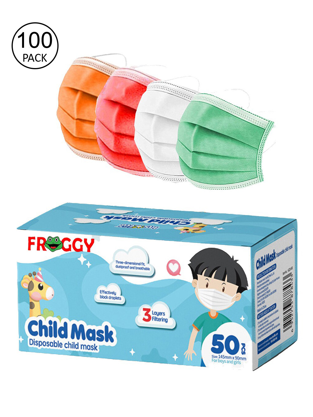 

FROGGY Kids Set Of 100 Assorted 3ply Anti-Pollution Disposable Masks