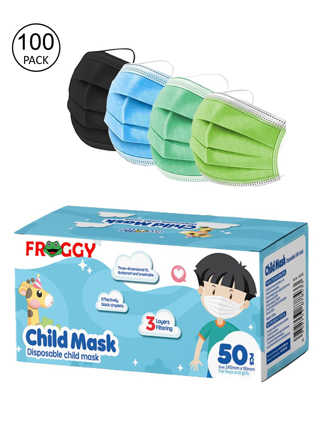 

FROGGY Kids Pack Of 100 Assorted 3ply Anti-Pollution Disposable Mask