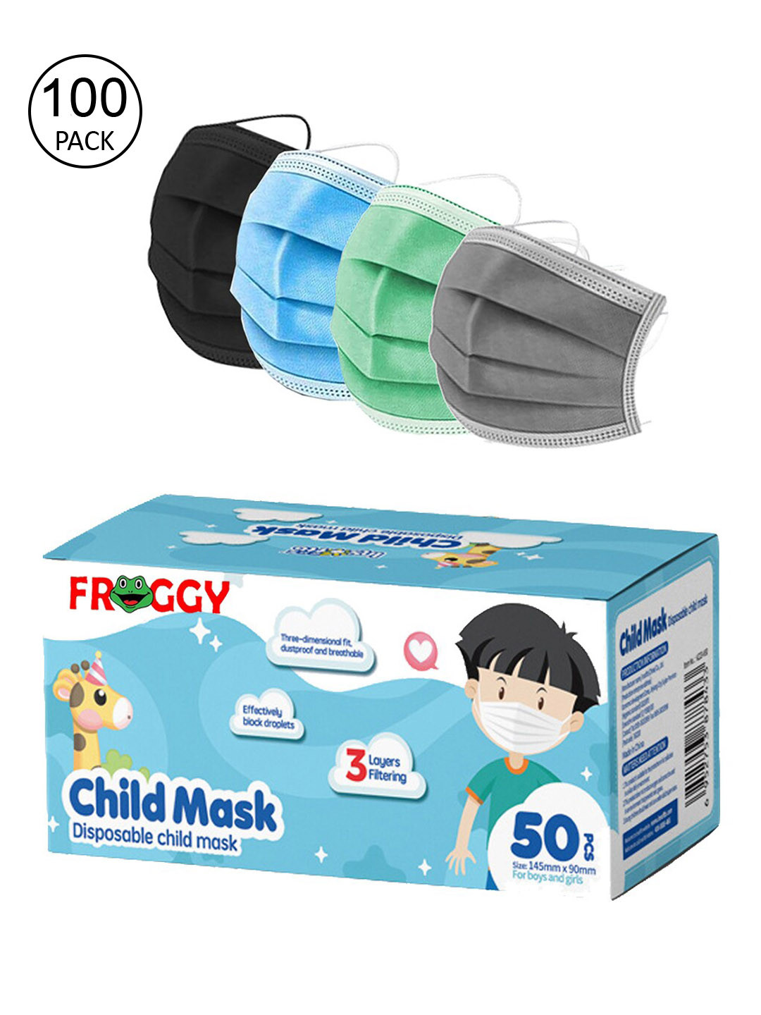 

FROGGY Kids Pack Of 100 Assorted 3 Ply Anti-Pollution Mask