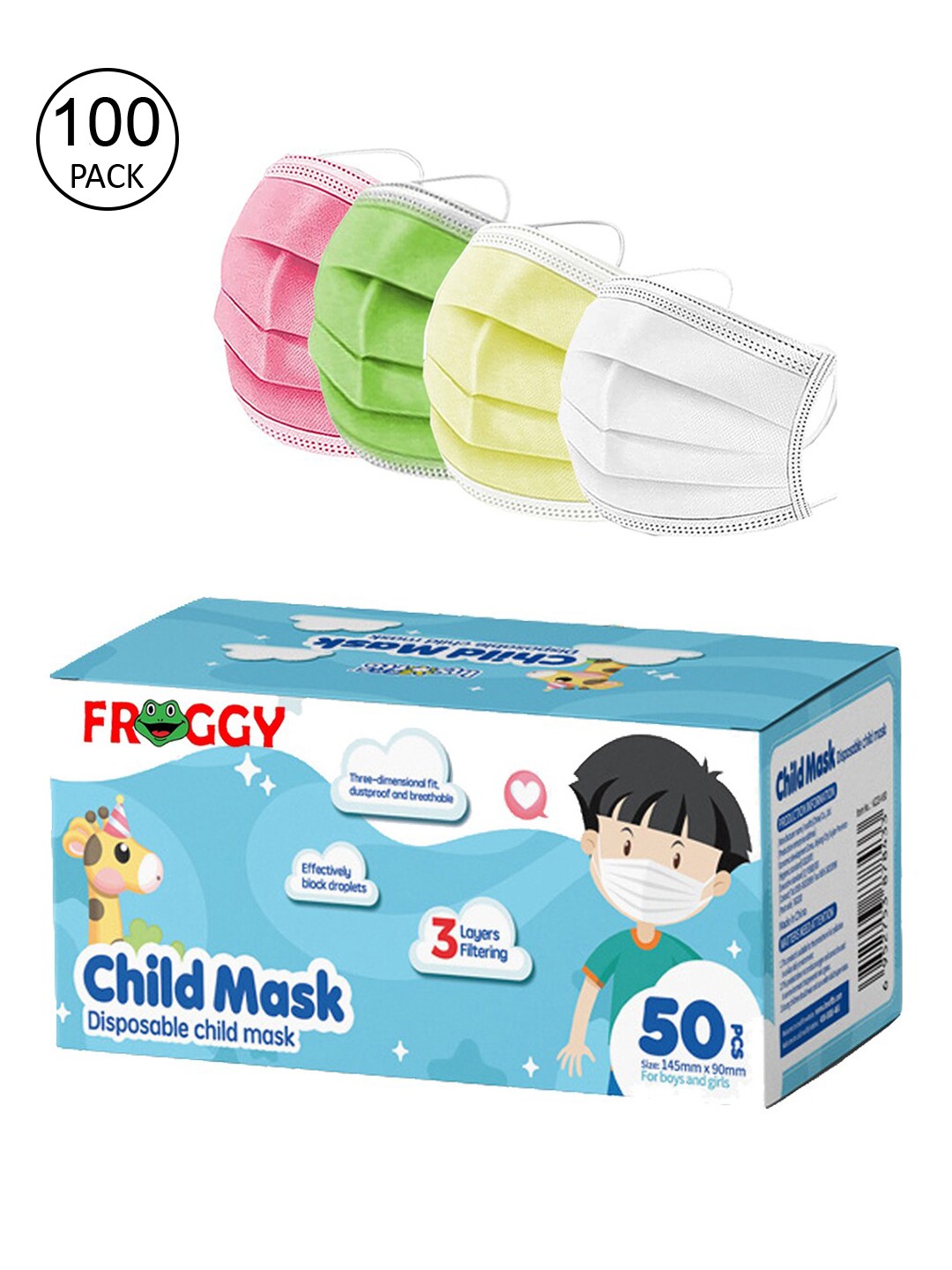 

FROGGY Unisex Kids 100 Pcs Multicoloured 3-Ply Surgical Mask, Multi