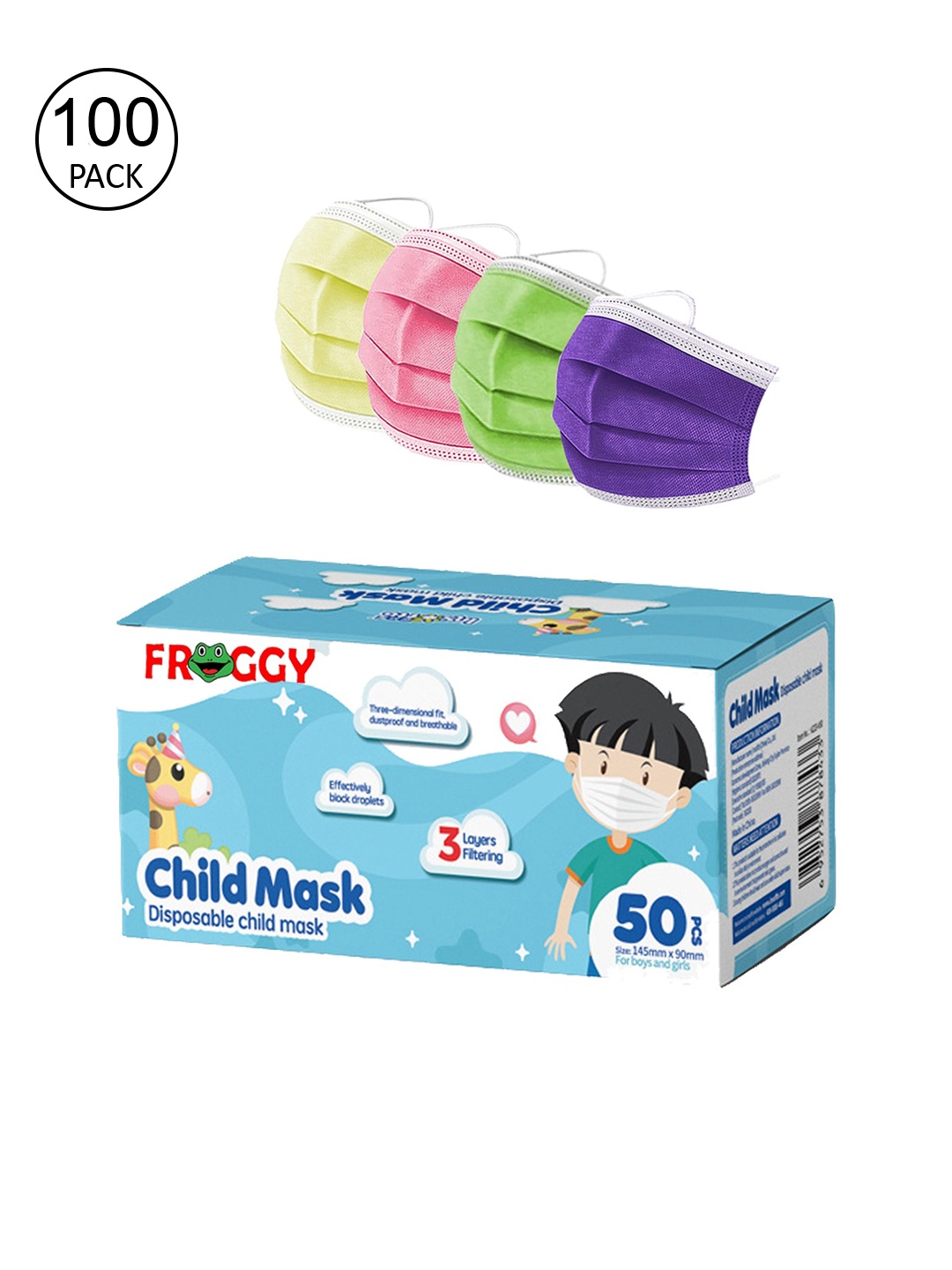 

FROGGY Kids 100 Pcs 3-Ply Disposable Surgical Masks, Assorted