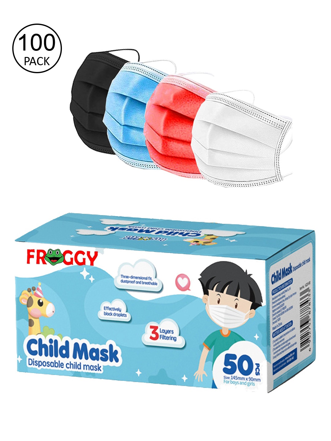 

FROGGY Kids Set Of 100 Assorted 3ply Anti-Pollution Disposable Masks