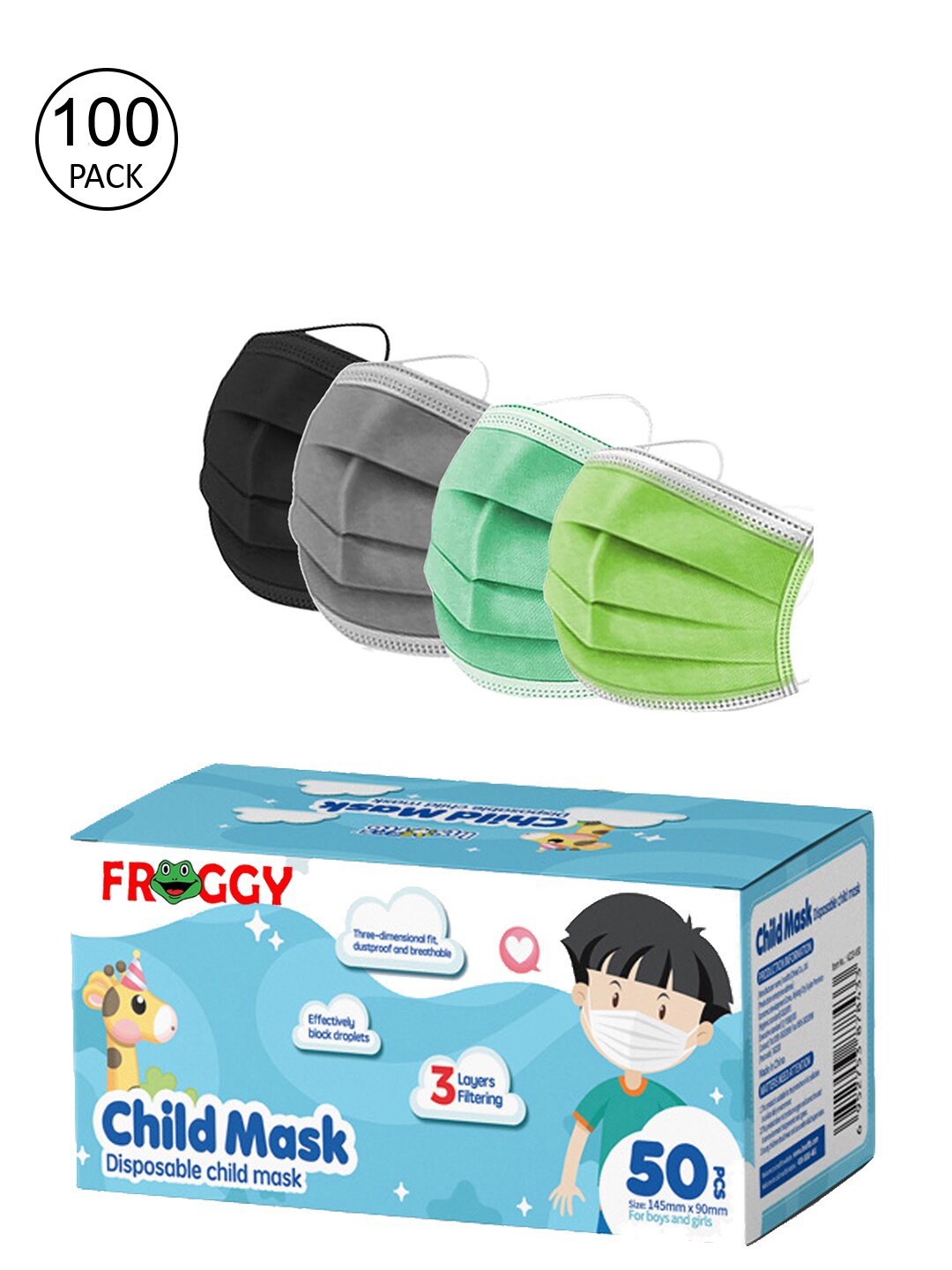 

FROGGY Unisex Kids 100 Pcs Multicoloured 3-Ply Surgical Mask, Multi