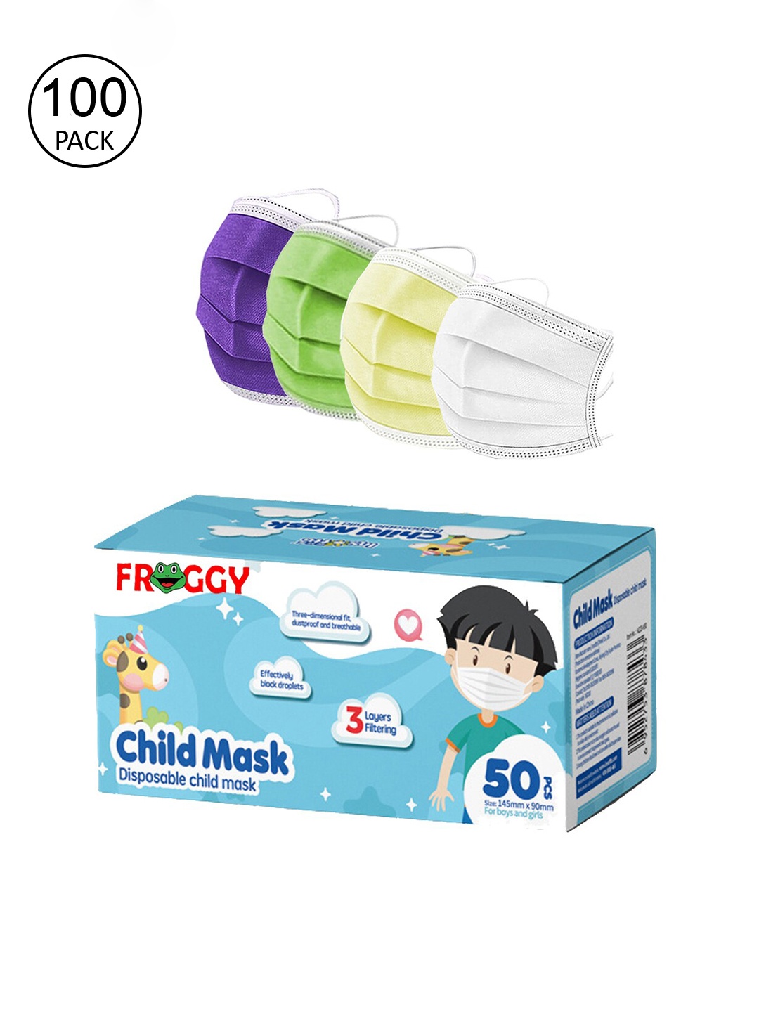 

FROGGY Kids 100 Pcs 3-Ply Disposable Surgical Masks, Assorted