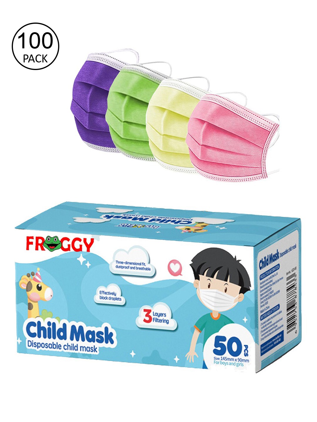 

FROGGY Kids Set Of 100 Assorted 3ply Anti-Pollution Disposable Masks