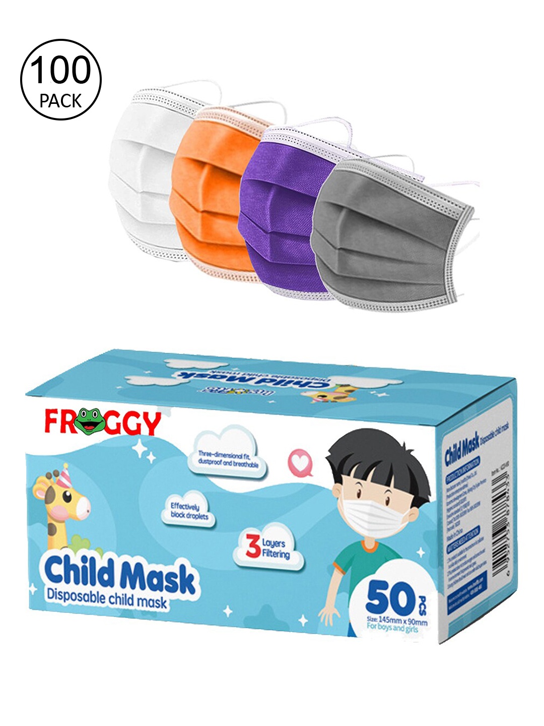 

FROGGY Kids Pack Of 100 Assorted 3ply Anti-Pollution Disposable Mask
