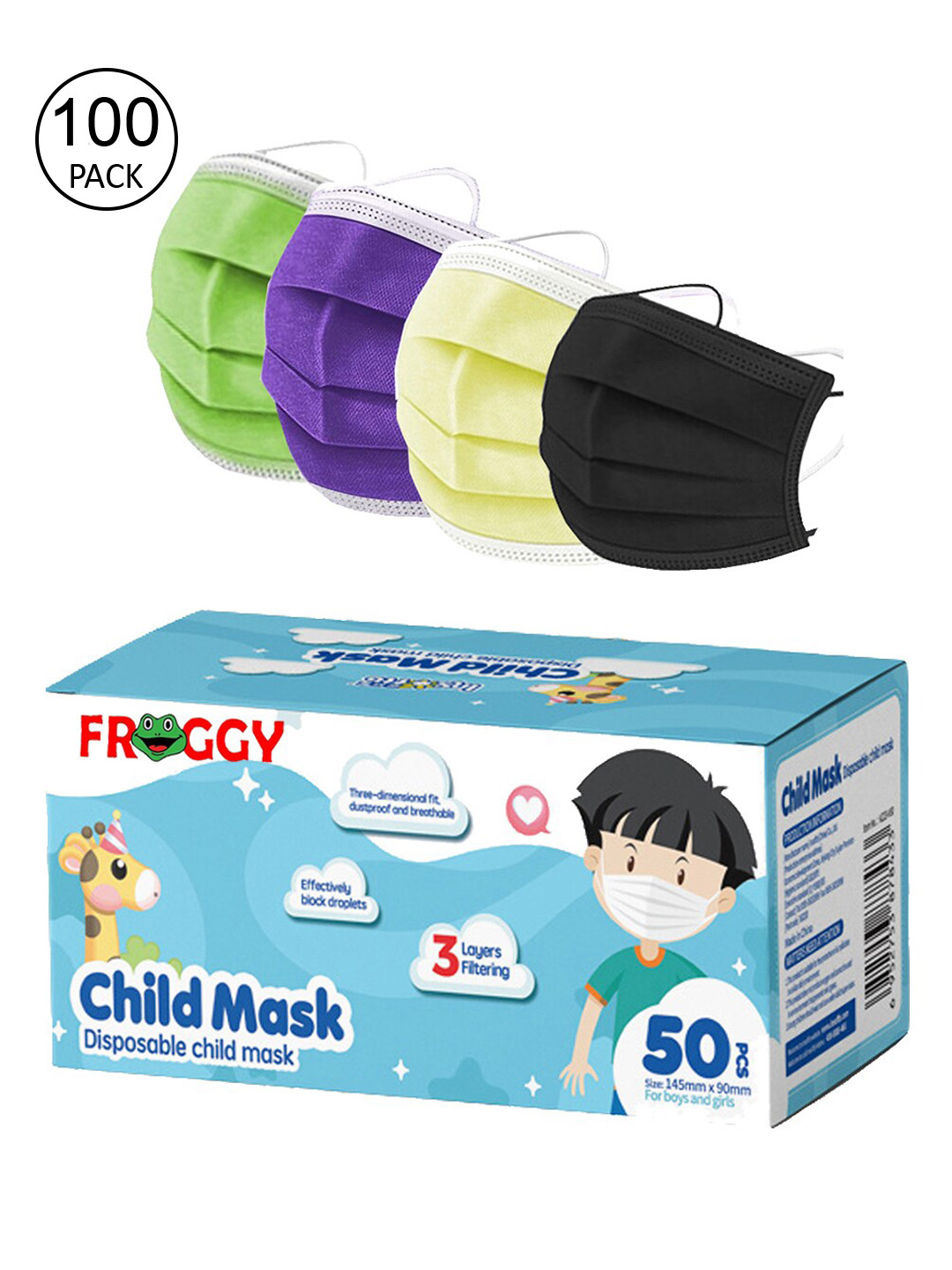 

FROGGY Kids Pack Of 100 Assorted 3 Ply Anti-Pollution Mask