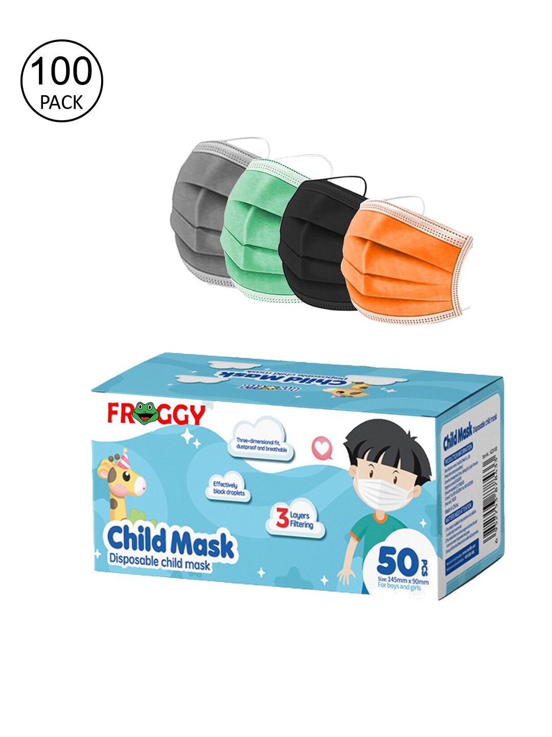 FROGGY Unisex Pack Of 100 Assorted 3-Ply Anti-Pollution Mask With Nose-Pin