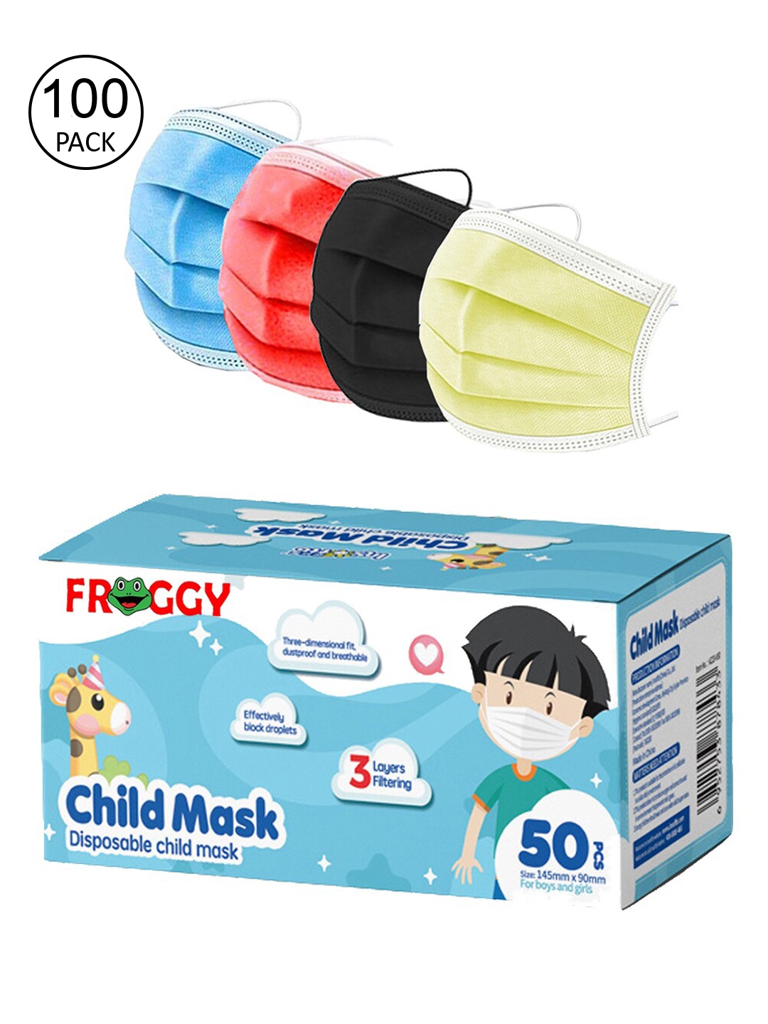 

FROGGY Unisex Kids 100 Pcs Multicoloured 3-Ply Surgical Mask, Multi