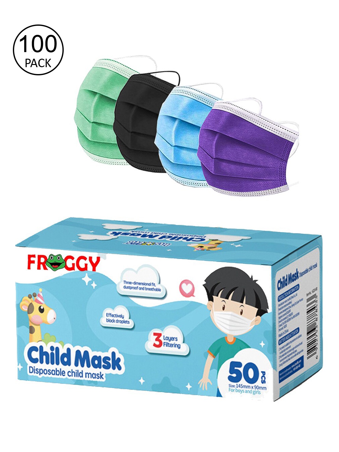 

FROGGY Kids 100 Pcs 3-Ply Disposable Surgical Masks, Assorted