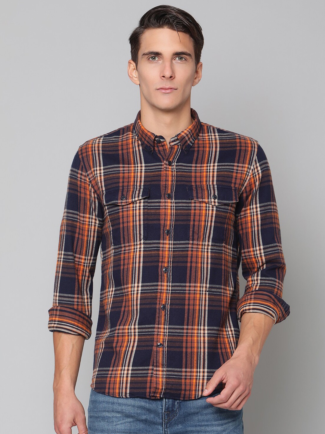 

JUNK de LUXE Men Navy Blue & Orange Slim Fit Checked Pure Cotton Casual Shirt