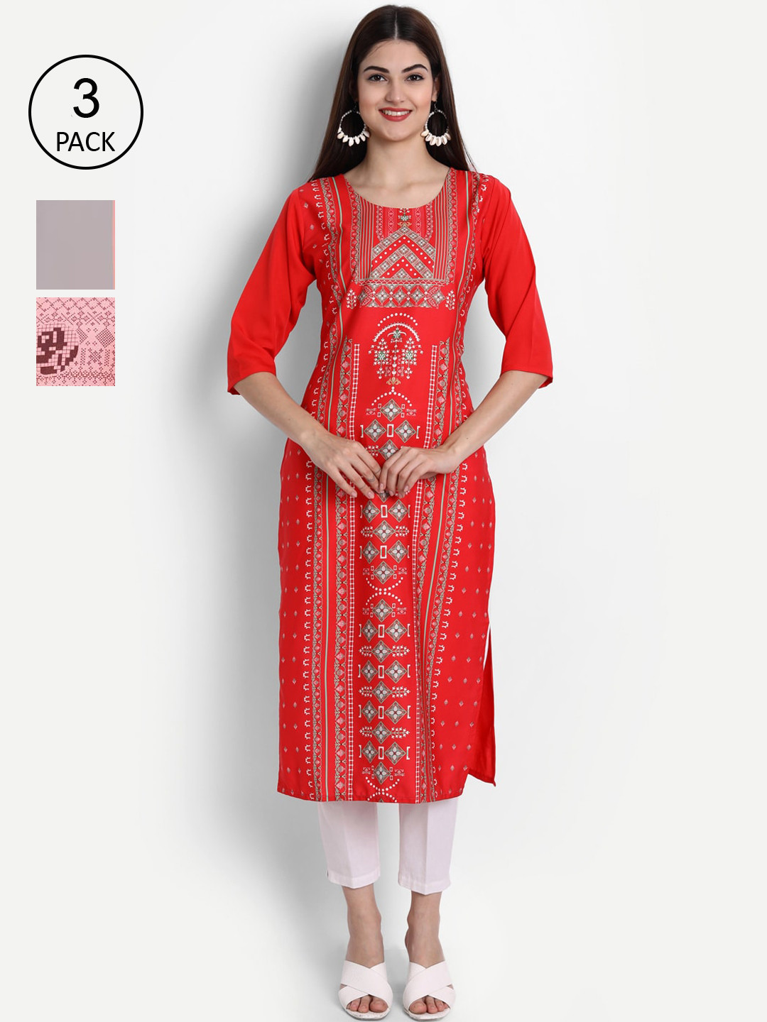 

Ethnic basket Women Pack of 3 Ethnic Motifs Printed Crepe Kurtas, Pink