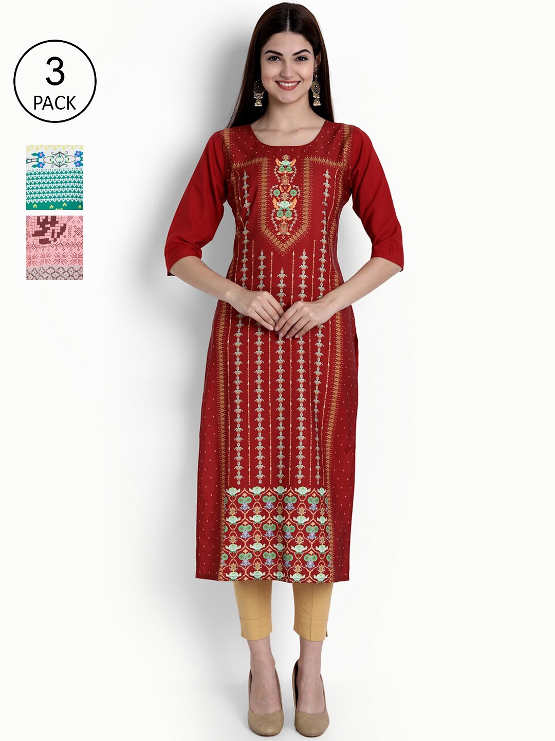 

Ethnic basket Women Pack of 3 Printed Block Print Crepe Kurtas, Red