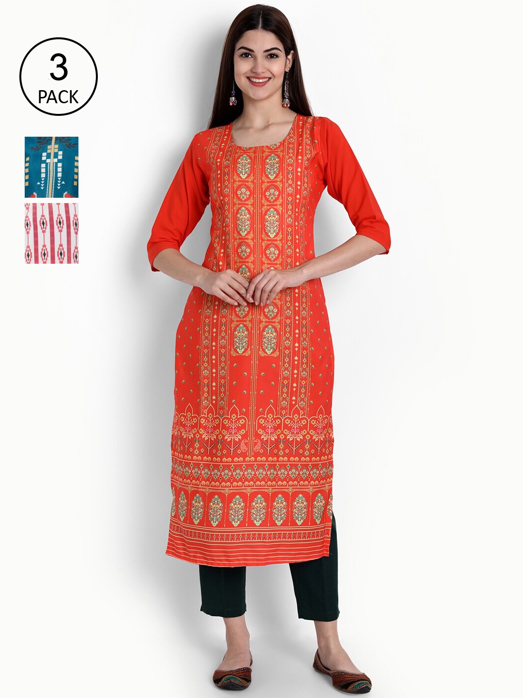 

Ethnic basket Women Pack of 3 Ethnic Motifs Printed Crepe Kurtas, Orange