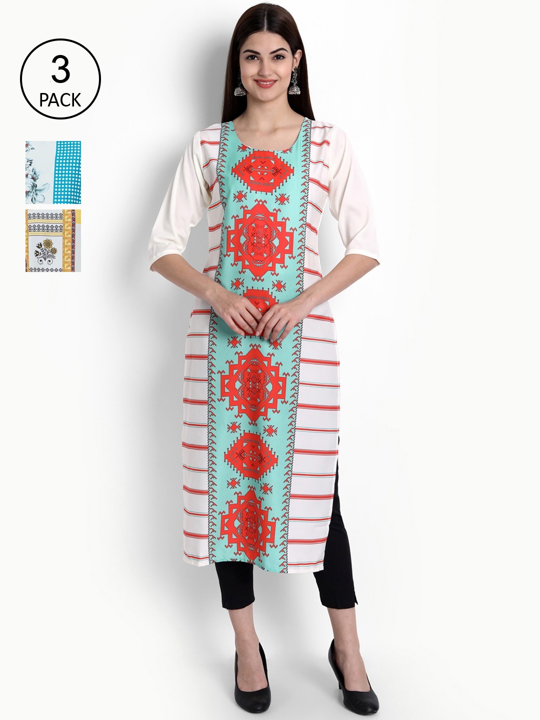 

Ethnic basket Women Pack of 3 Printed Block Print Crepe Kurtas, White