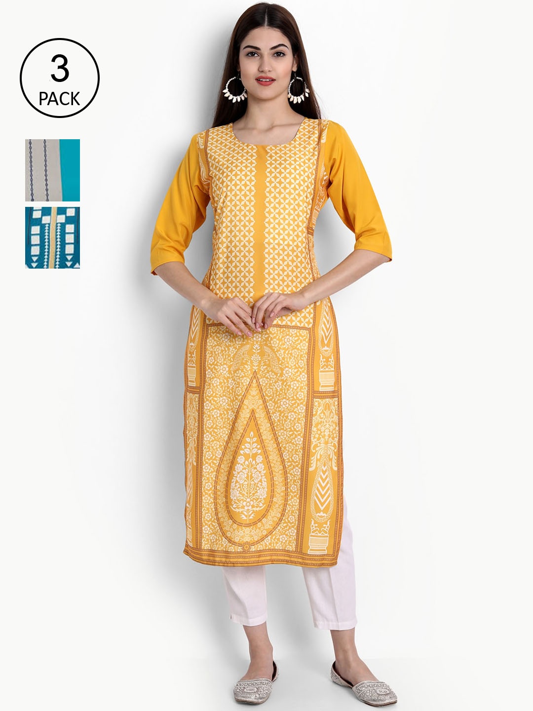 

Ethnic basket Women Pack of 3 Printed Block Print Crepe Kurtas, Yellow