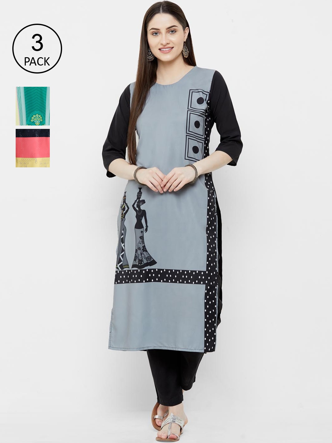 

Ethnic basket Women Pack Of 3 Kurtas, Green