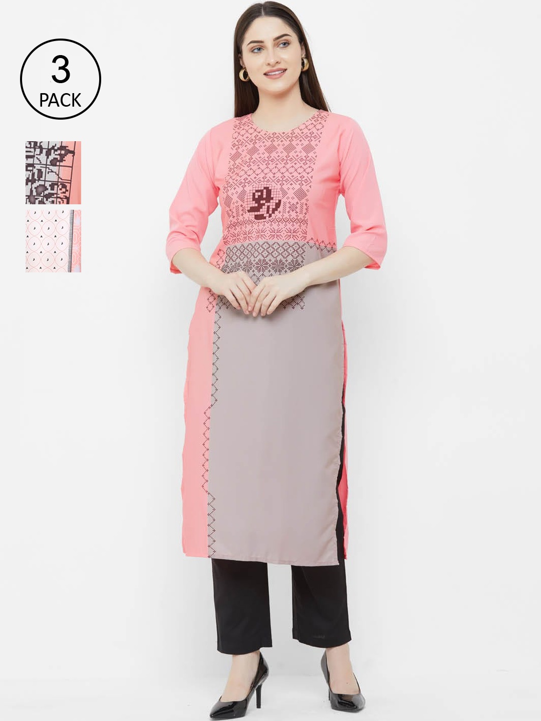

Ethnic basket Women Pack of 3 Printed Block Print Crepe Kurtas, Pink