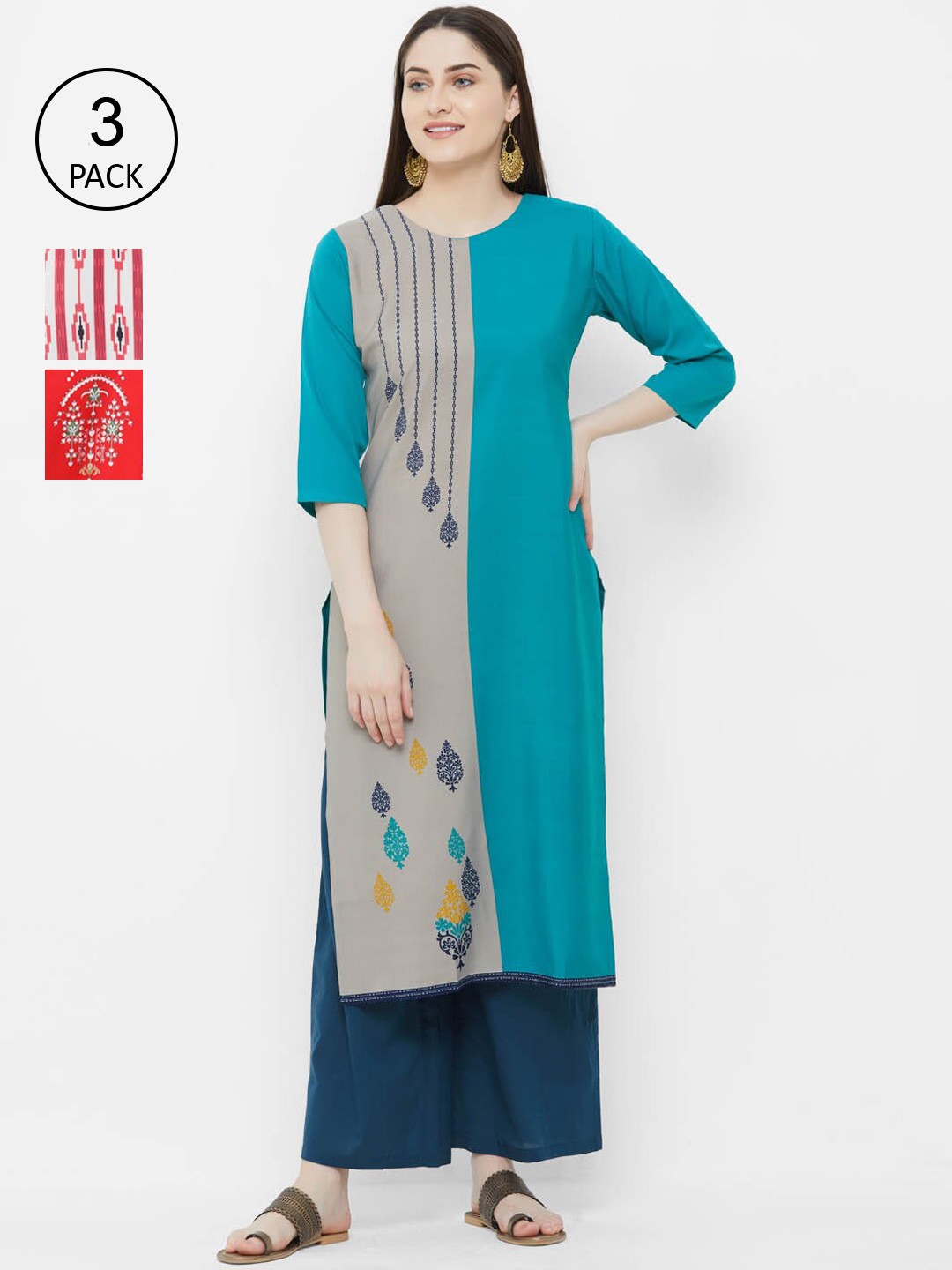 

Ethnic basket Women Pack of 3 Ethnic Motifs Printed Crepe Kurtas, Blue