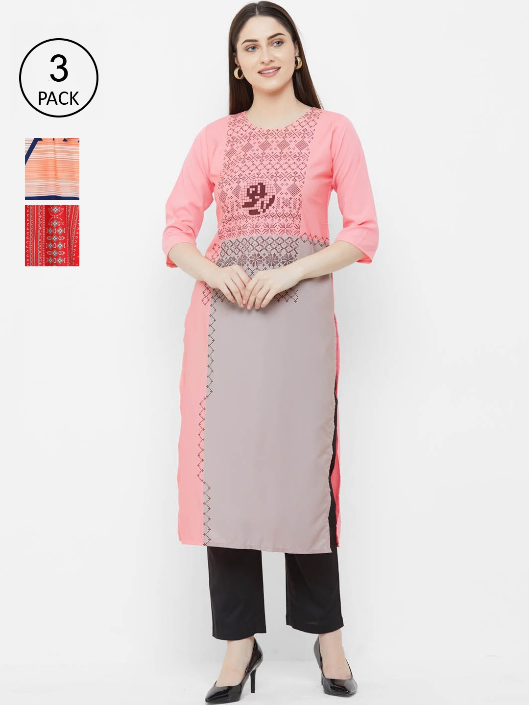 

Ethnic basket Women Pack Of 3 Kurtas, Red