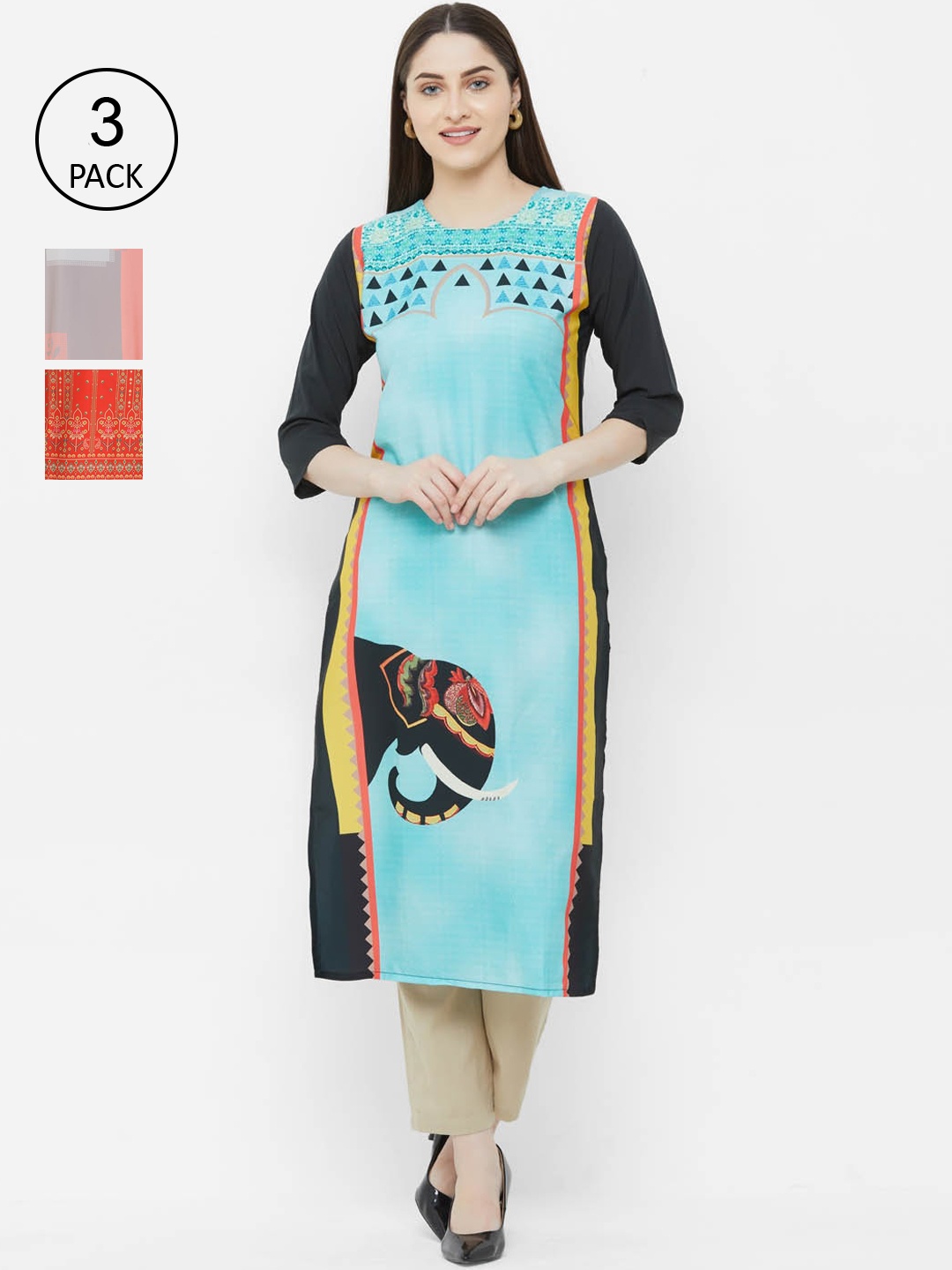 

Ethnic basket Women Pack of 3 Geometric Printed Crepe Kurta, Blue