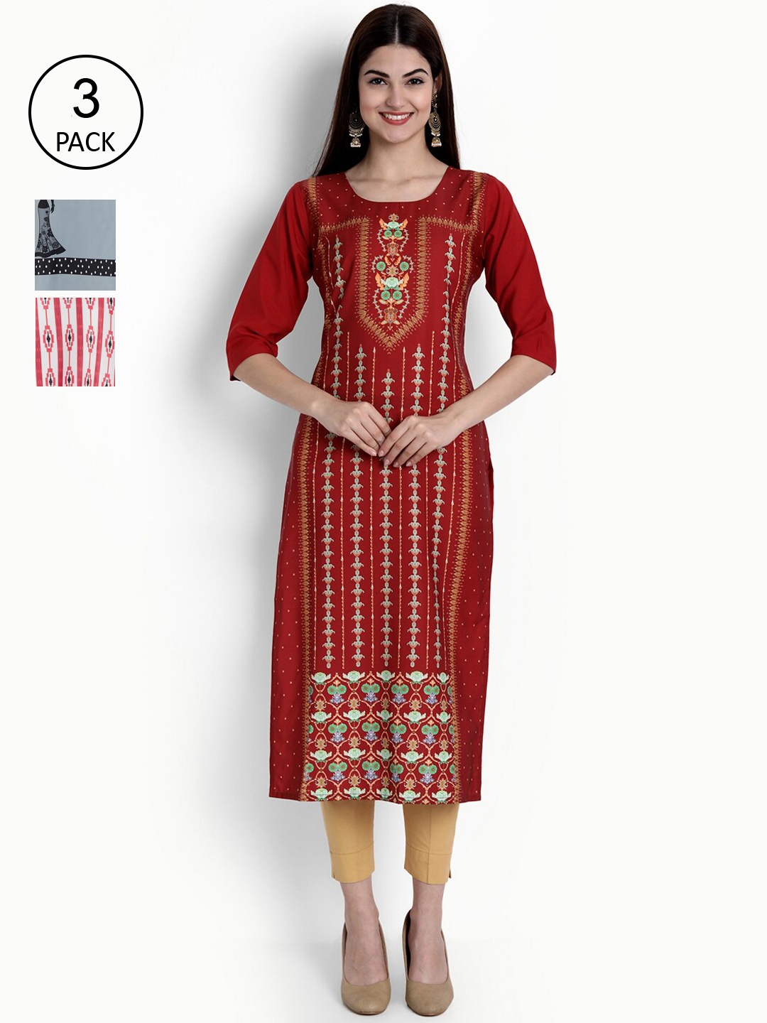 

Ethnic basket Women Pack of 3 Printed Block Print Crepe Kurtas, Red