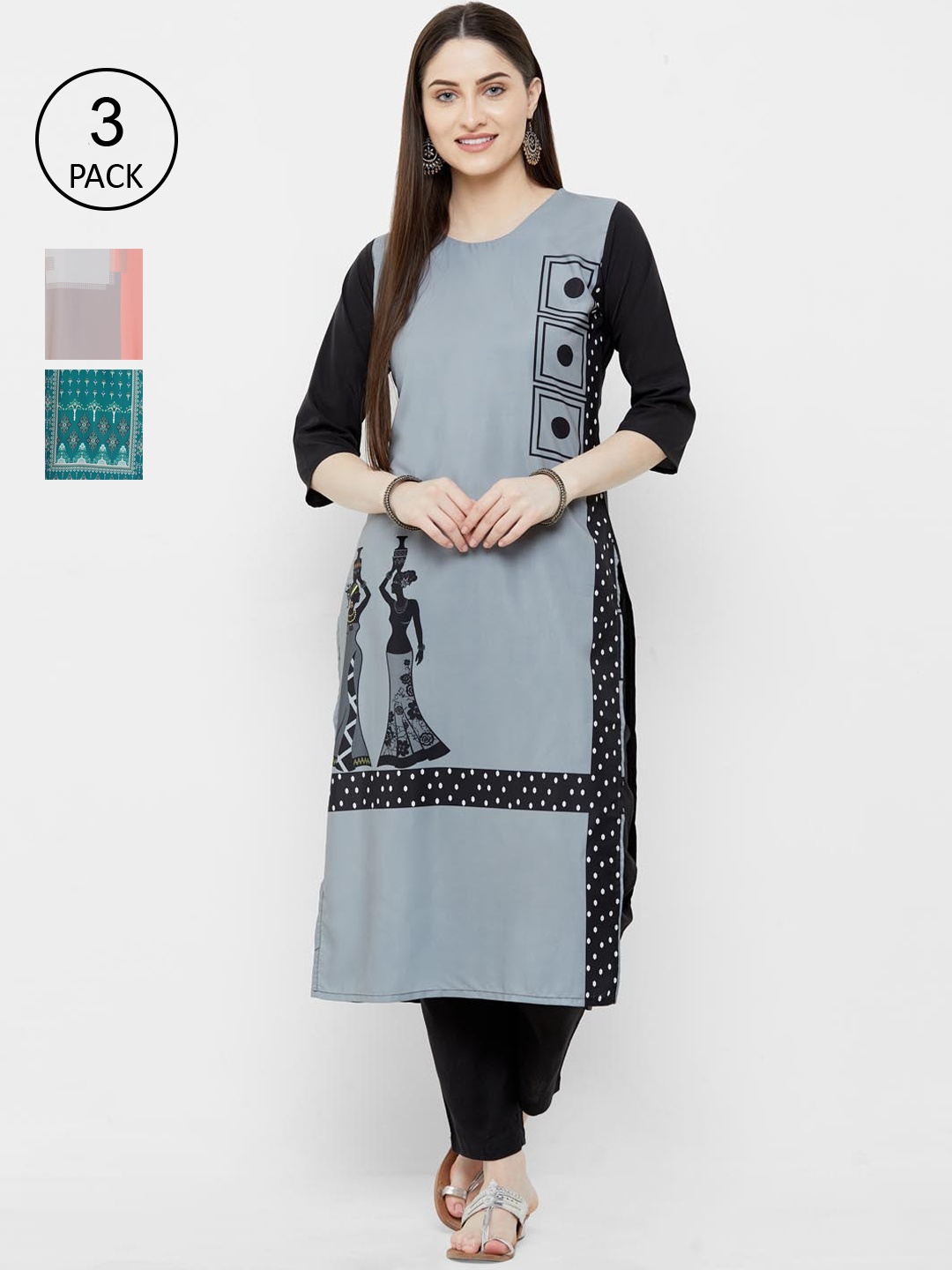 

Ethnic basket Women Pack of 3 Printed Kurtas, Black
