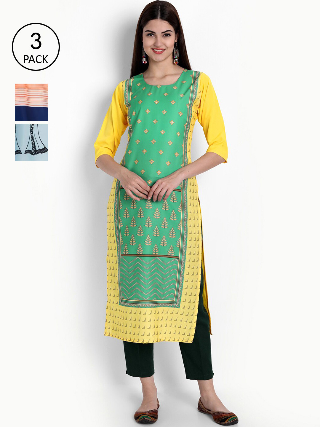 

Ethnic basket Women Pack of 3 Geometric Printed Crepe Kurta, Green