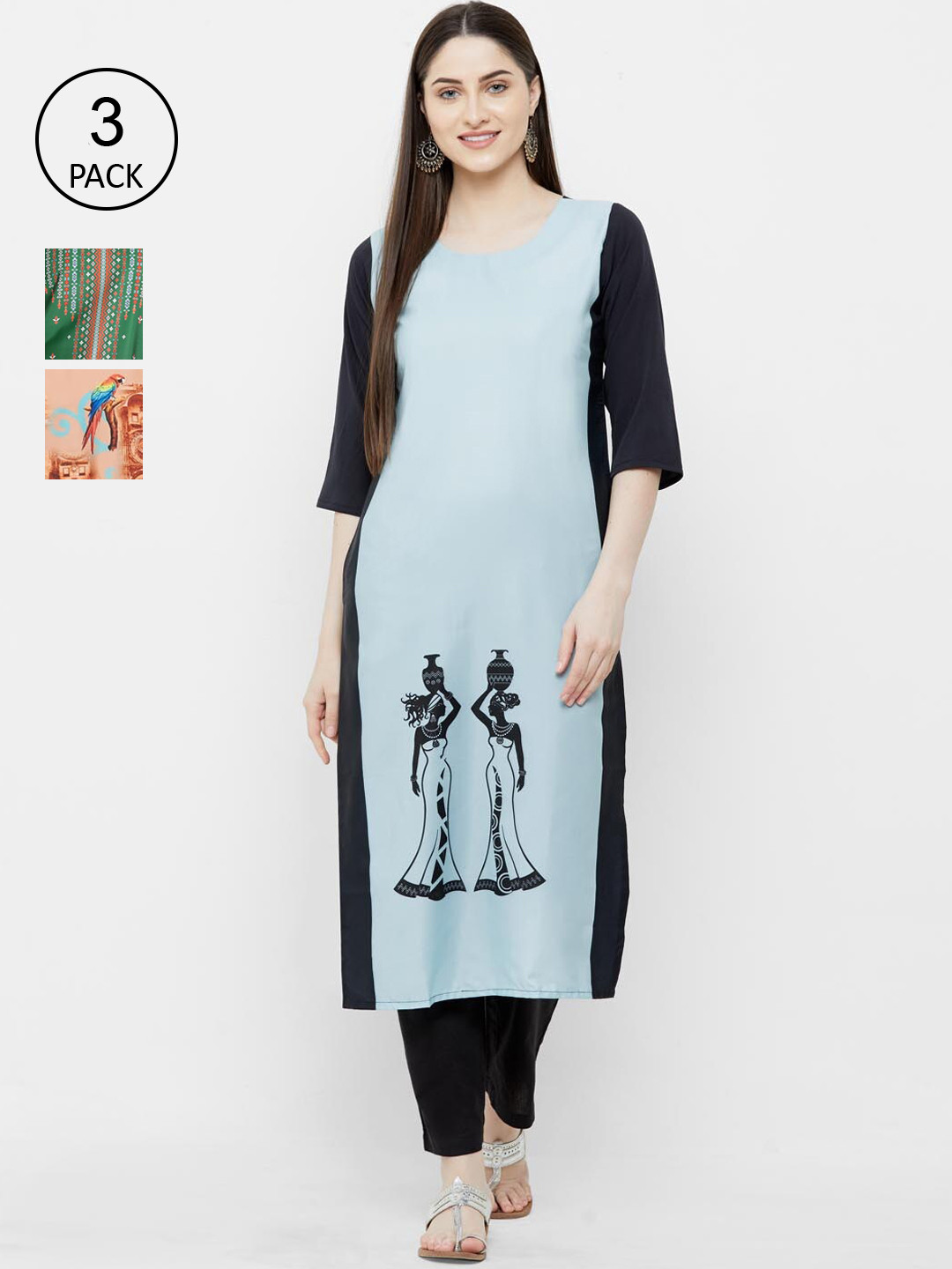 

Ethnic basket Women Pack of 3 Printed Block Print Crepe Kurtas, Blue