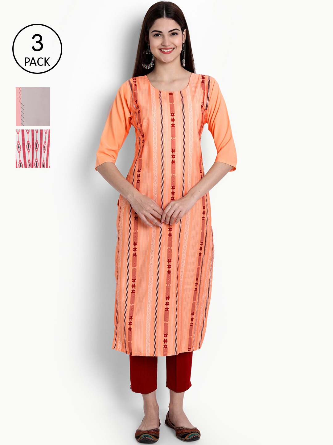 

Ethnic basket Women Pack of 3 Printed Block Print Crepe Kurtas, Peach