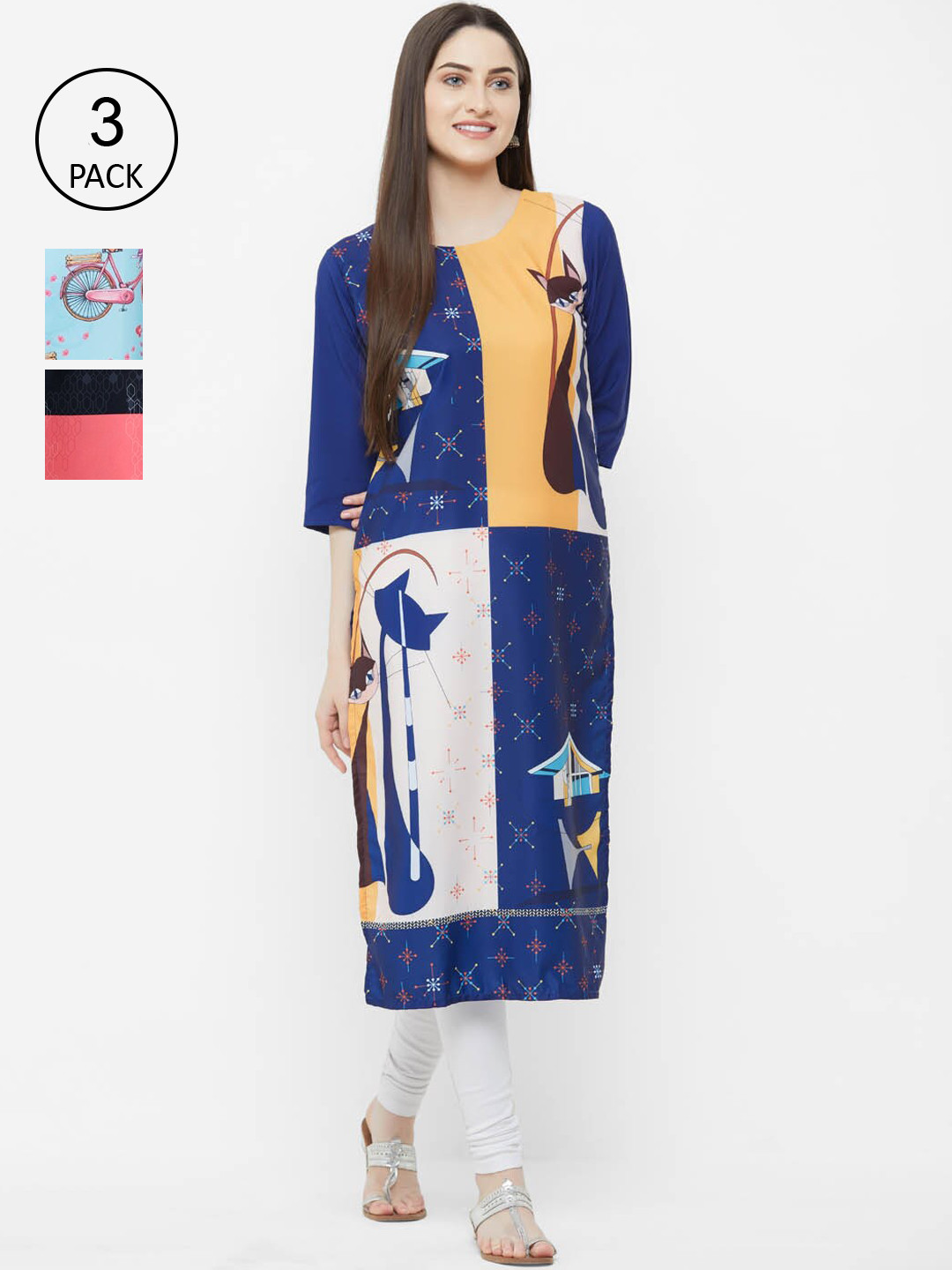 

Ethnic basket Women Pack Of 3 Ethnic Motifs Printed Block Print Crepe Kurta, Multi