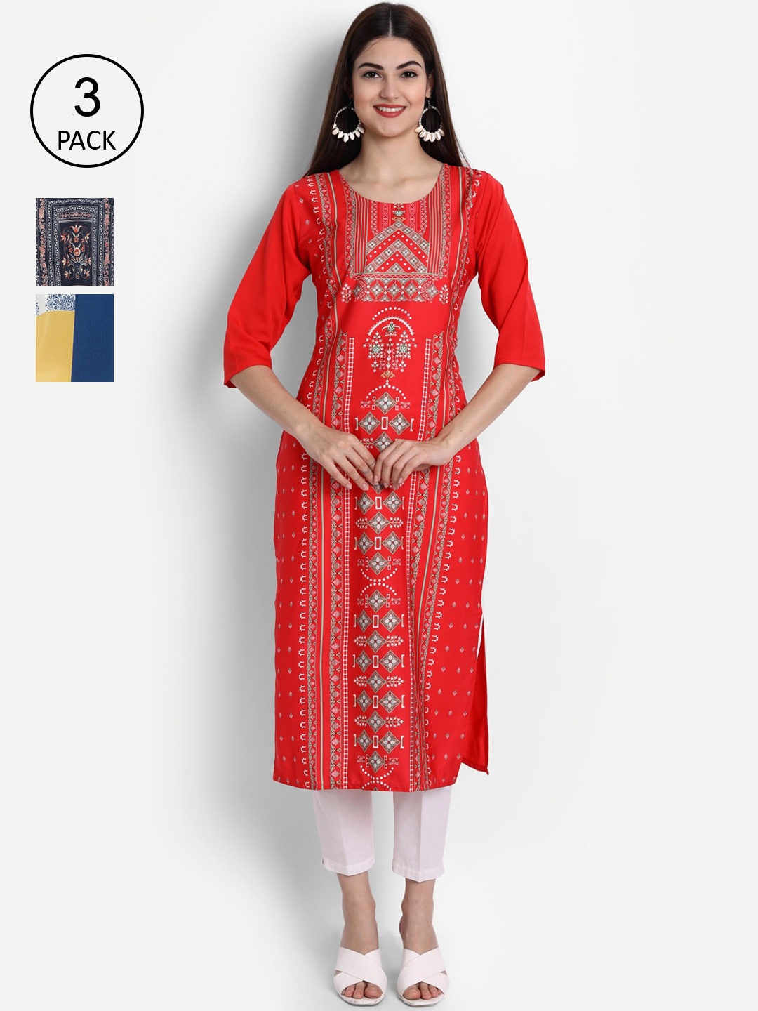 

Ethnic basket Women Pack of 3 Printed Crepe Kurtas, Red
