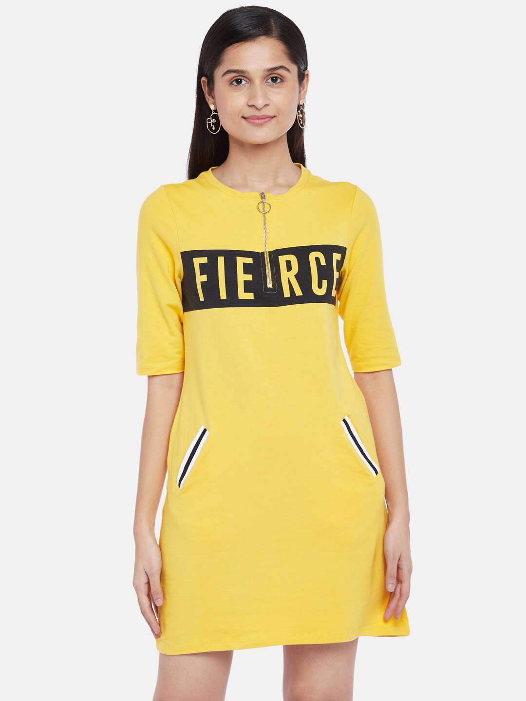 

People Mustard Yellow Printed Cotton T-shirt Dress