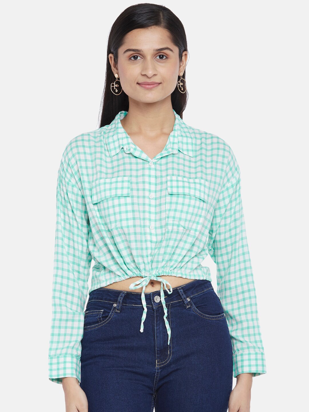 

People Women Turquoise Blue & White Printed Pure Cotton Casual Shirt