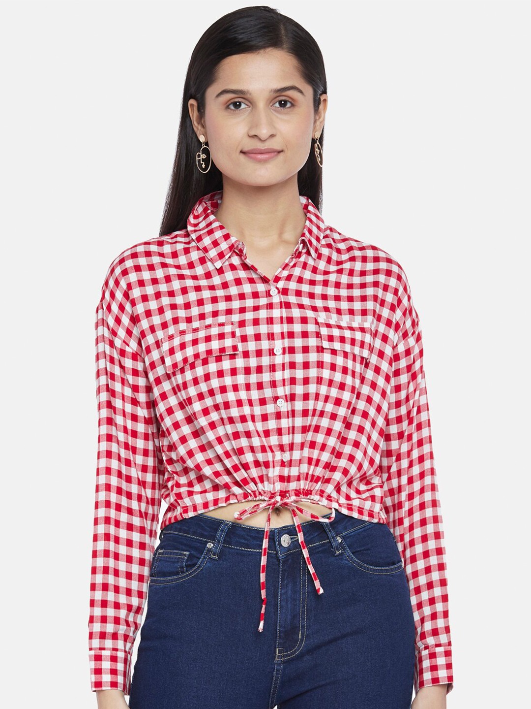 

People Women Red Checked Pure Cotton Casual Shirt
