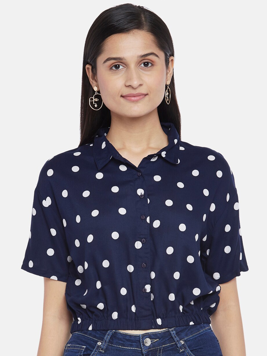 

People Women Navy Blue Printed Casual Shirt