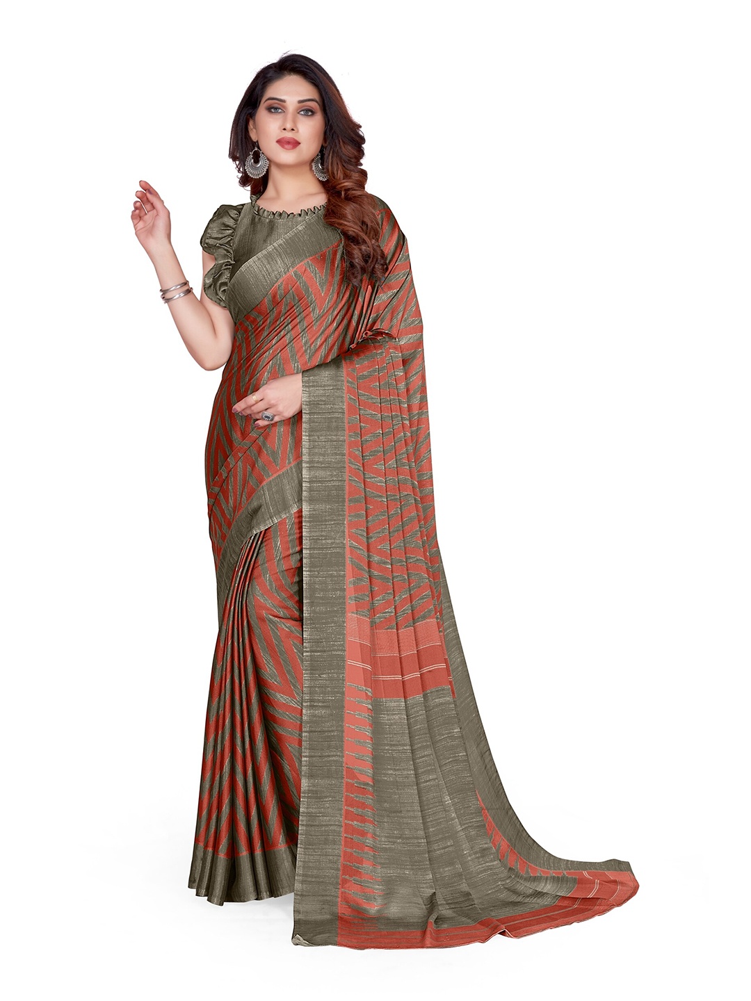 

KALINI Orange & Grey Printed Leheriya Saree