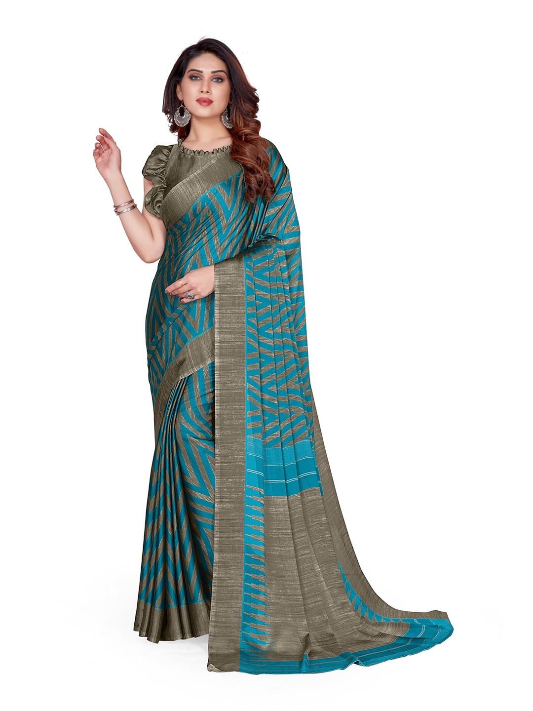 

KALINI Teal & Grey Striped Saree