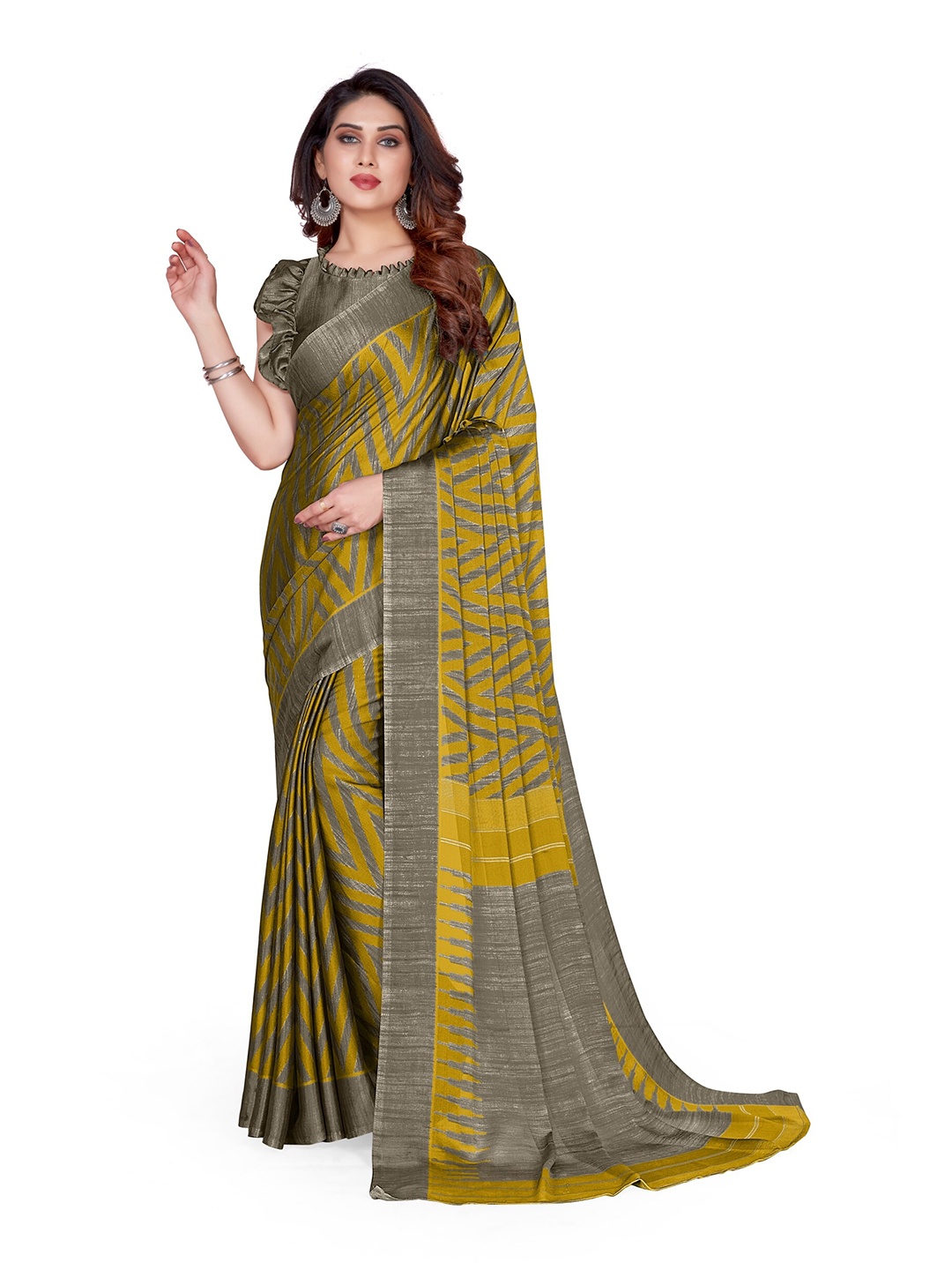 

KALINI Mustard & Grey Leheriya Saree