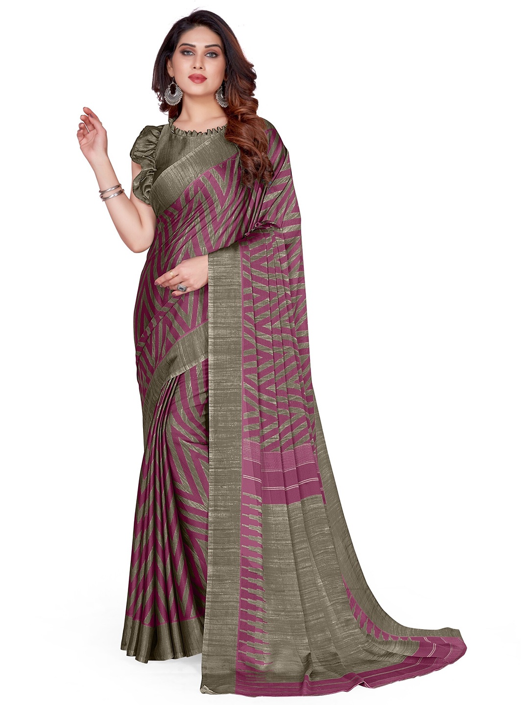 

KALINI Pink & Grey Printed Leheriya Saree