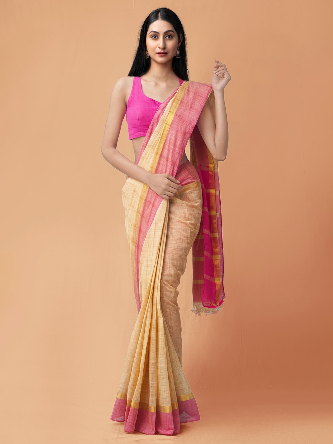 

Unnati Silks Brown & Pink Pure Cotton Handloom Sustainable Pavani Mangalagiri Saree