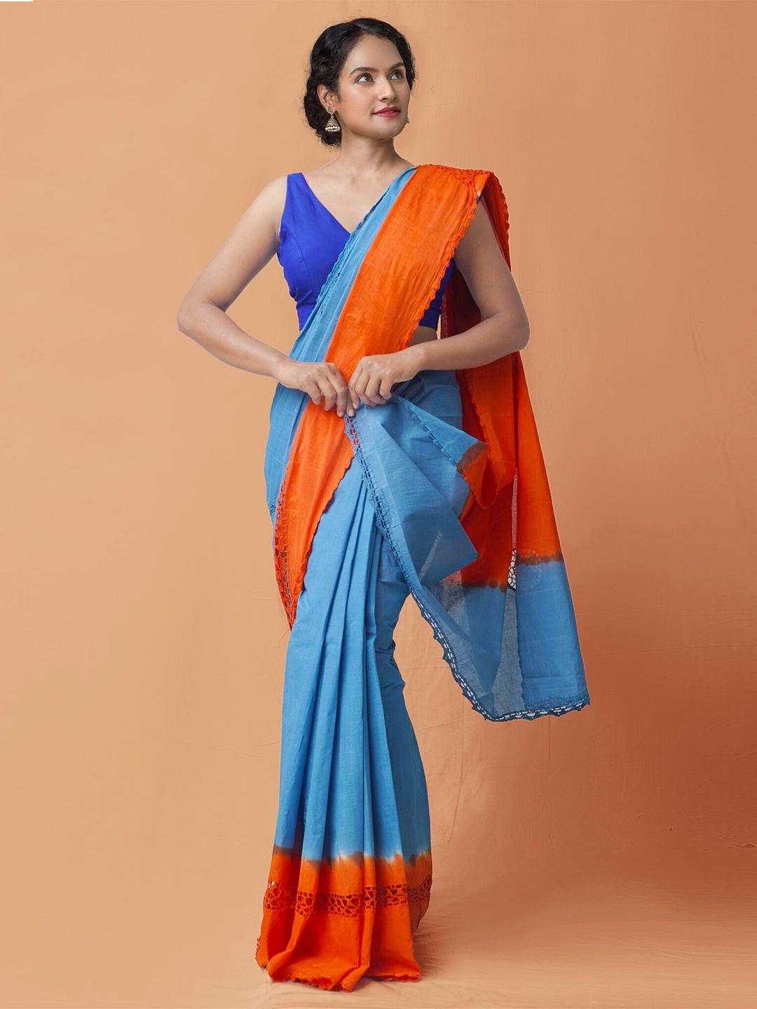 

Unnati Silks Blue & Orange Pure Handloom Sustainable Mulmul Cotton Saree
