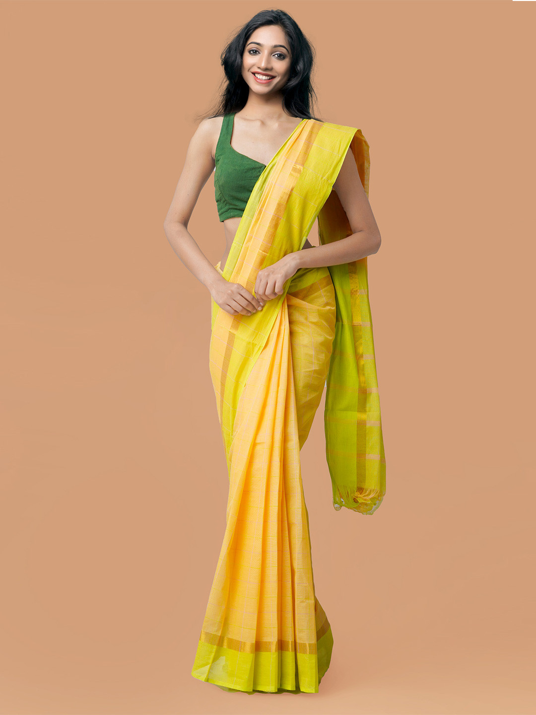 

Unnati Silks Orange & Green Pure Cotton Mangalagiri Saree