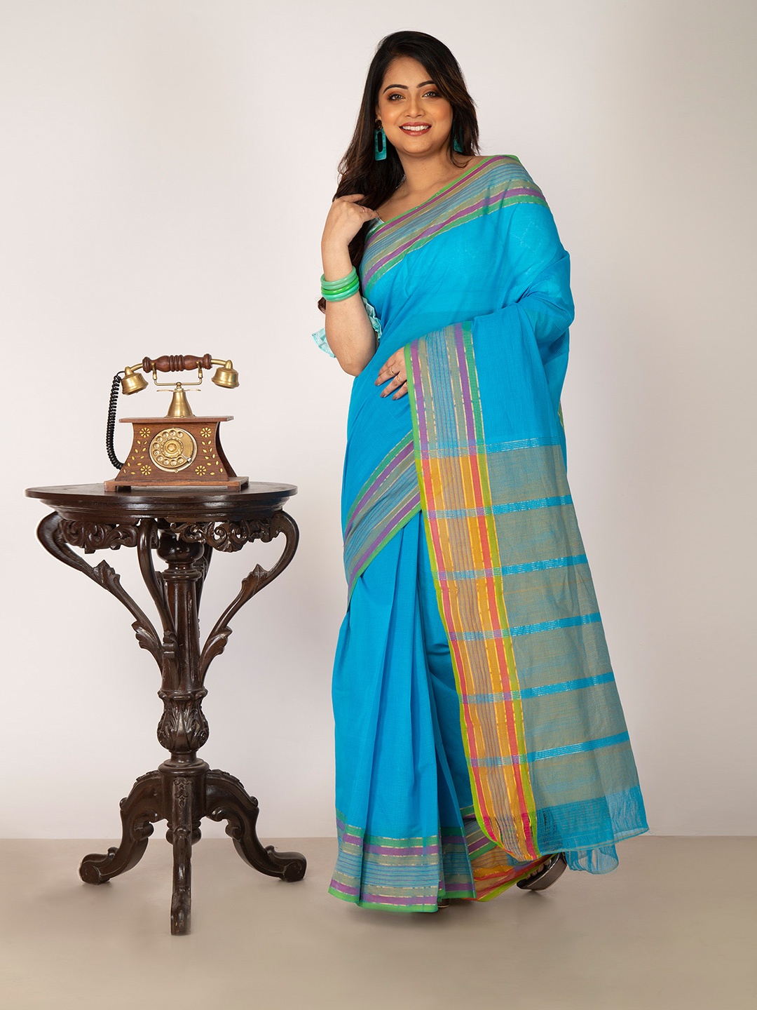 

Unnati Silks Blue & Mustard Striped Zari Pure Cotton Mangalagiri Saree