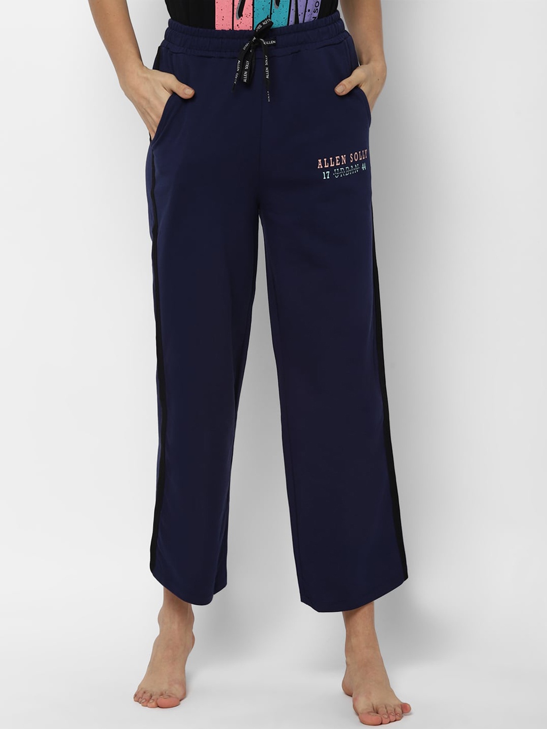 

Allen Solly Woman Navy Blue & Pink Brand Logo Printed Pure Cotton Lounge Pants
