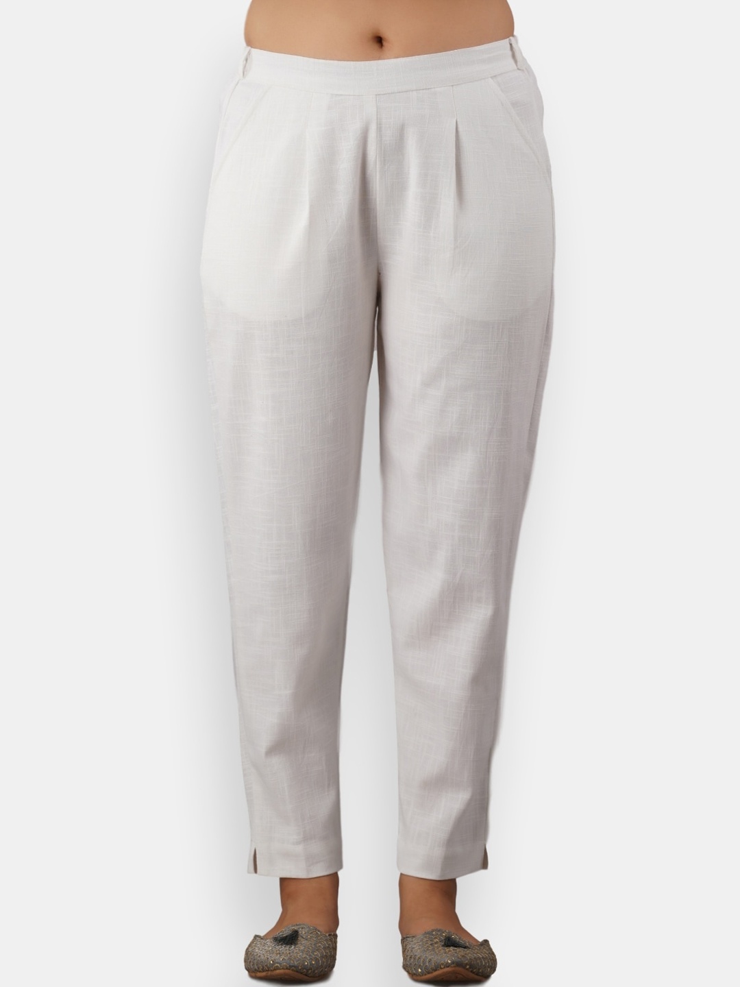 

VEDANA Women White Comfort Pleated Cotton Trousers