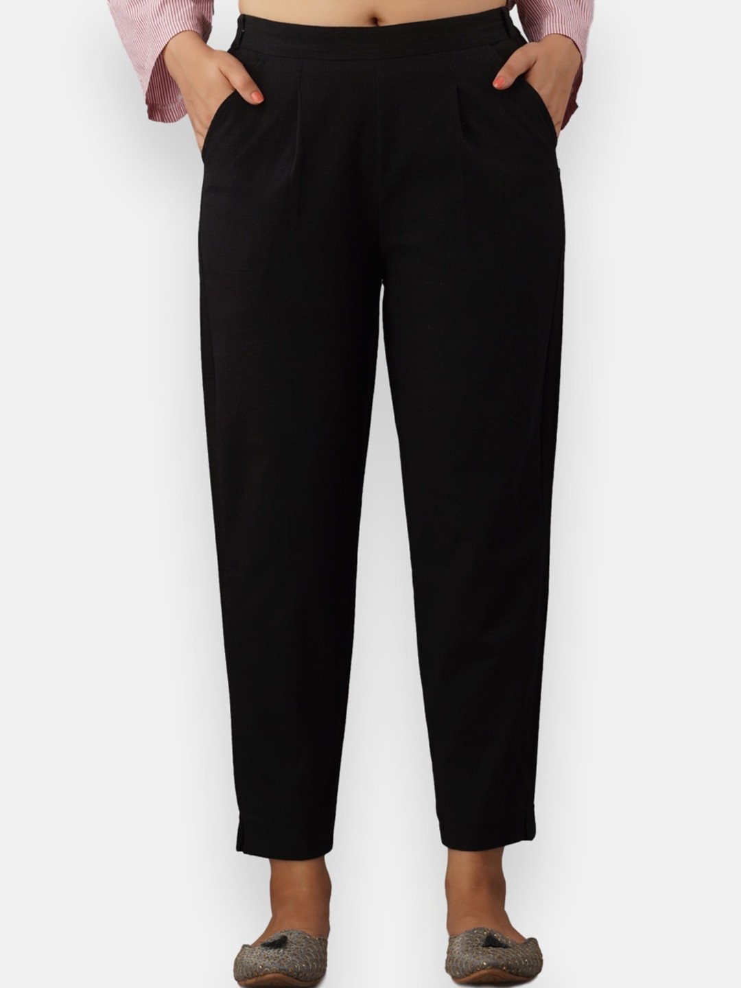 

VEDANA Women Black Comfort Pleated Cotton Trousers