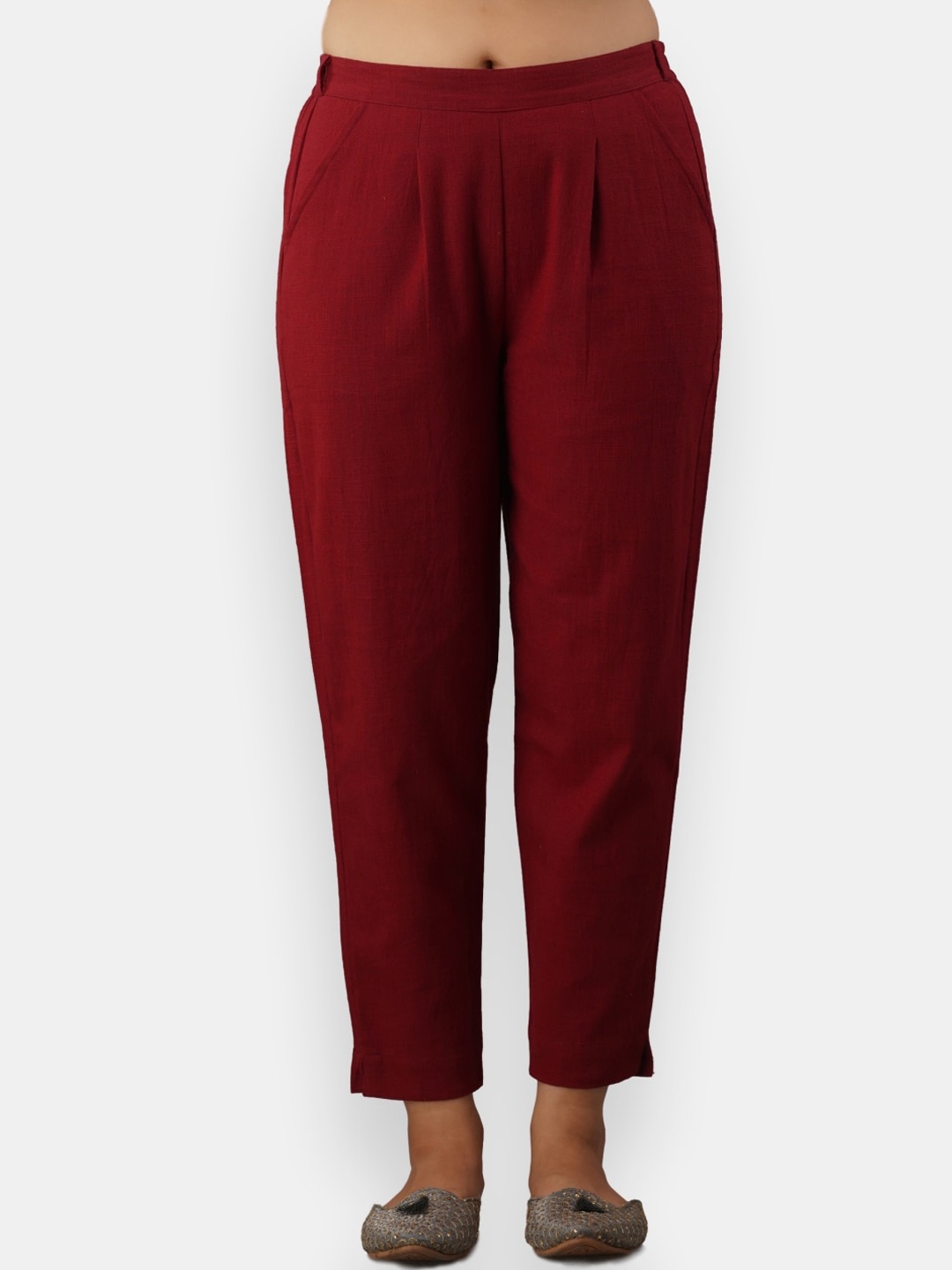 

VEDANA Women Maroon Comfort Pleated Cotton Trousers