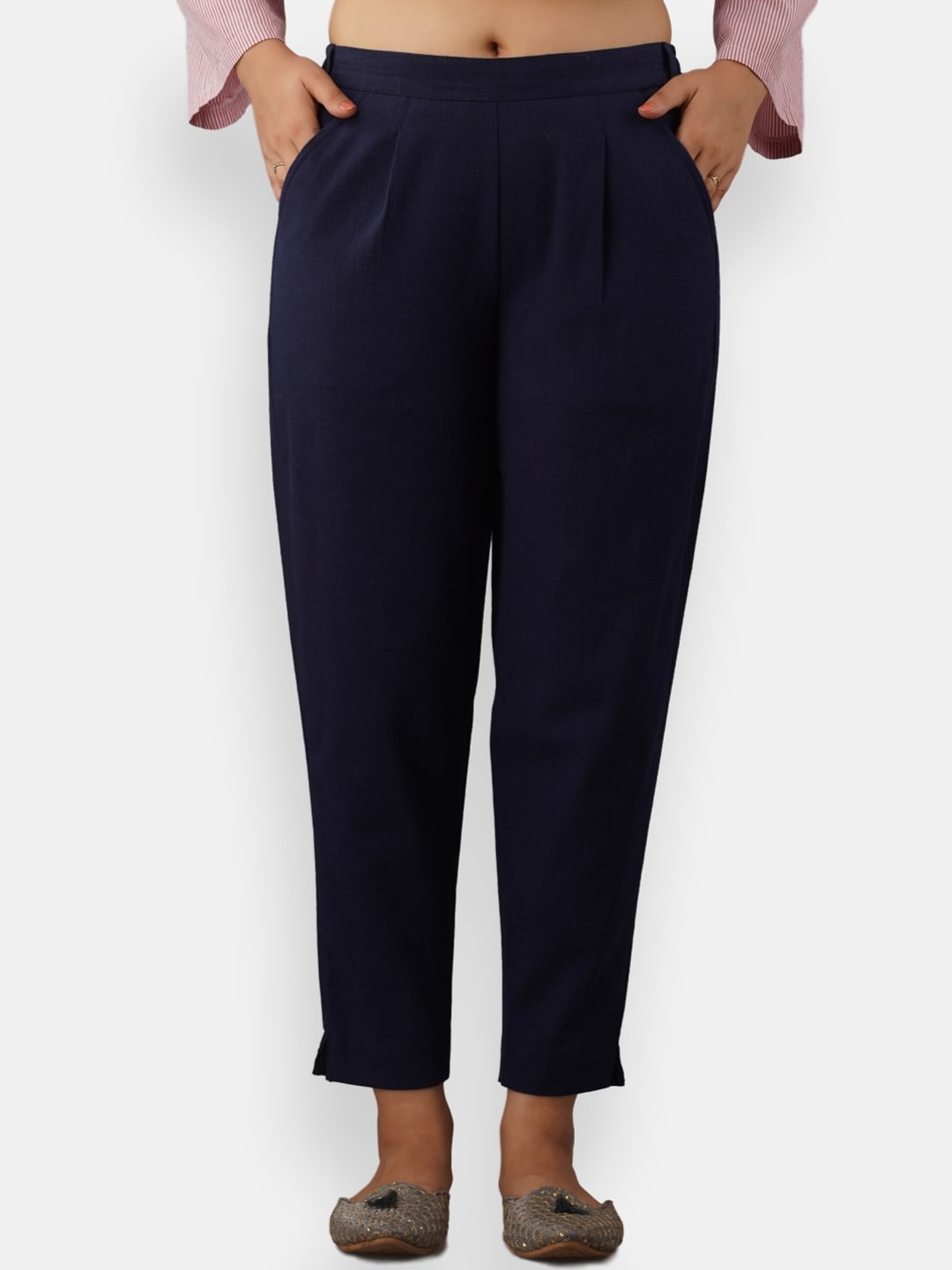 

VEDANA Women Navy Blue Comfort Pleated Cotton Trousers