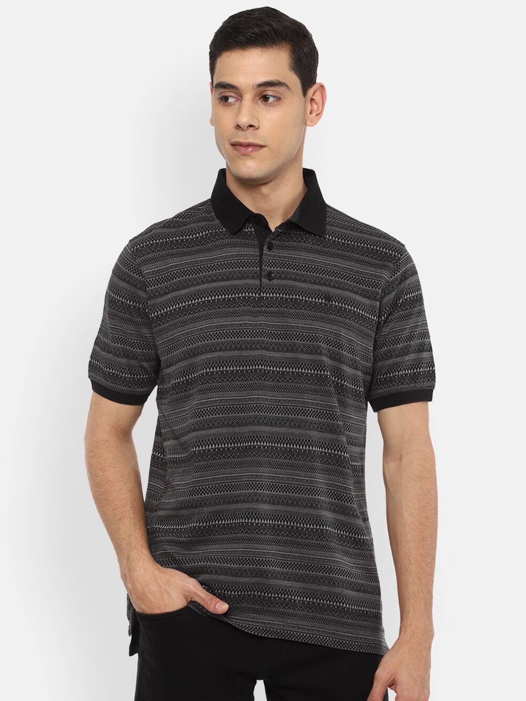 

Louis Philippe Men Grey Striped Polo Collar Pockets T-shirt